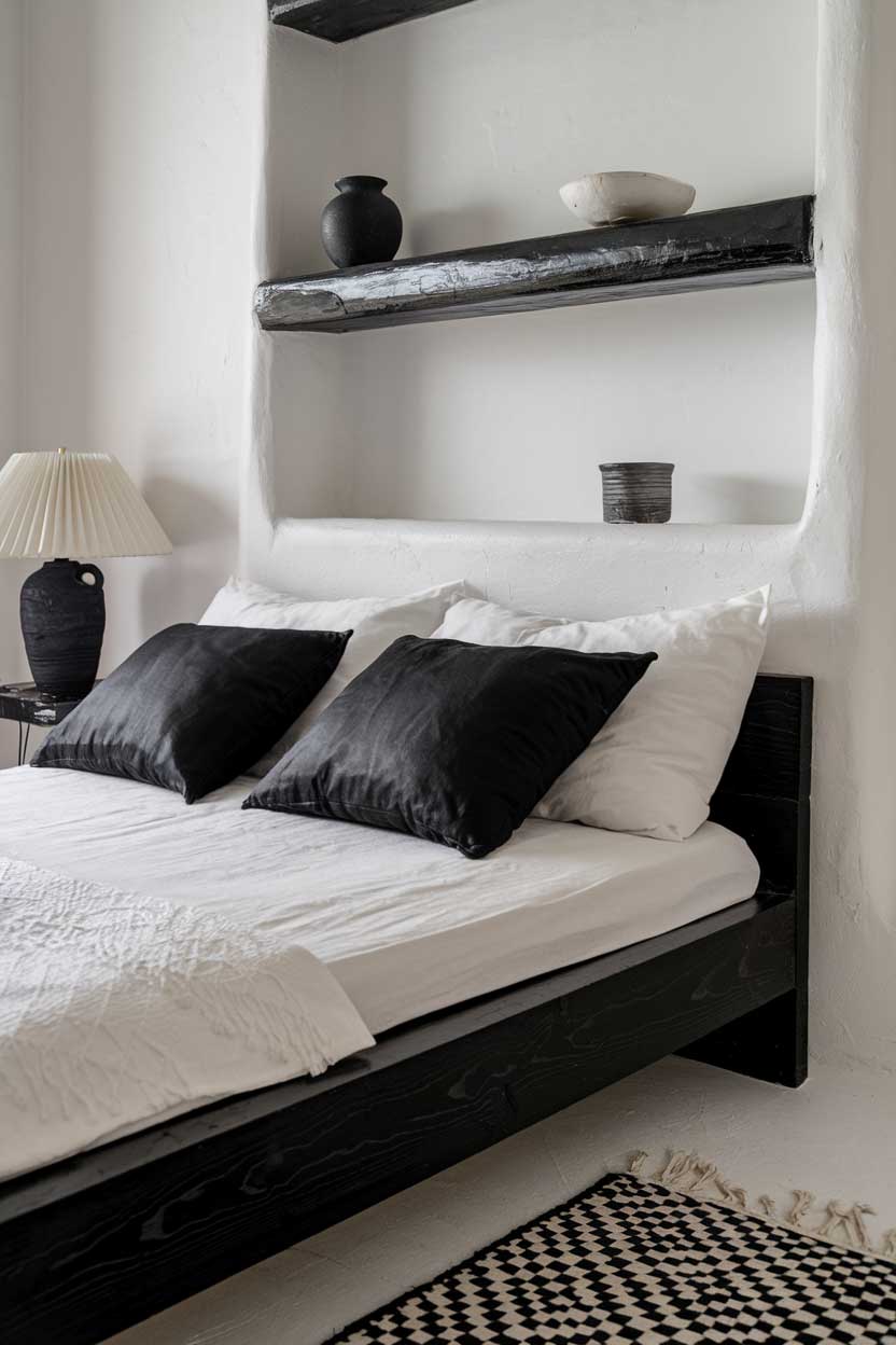 A close up photo of a cozy minimalist white and black bedroom. The room has a black wooden bed frame with a white duvet cover and two black pillows. There is a white lampshade on a black lampstand beside the bed. The wall has a white wooden shelf with a black pot and a white bowl. The floor is covered with a black and white patterned rug.