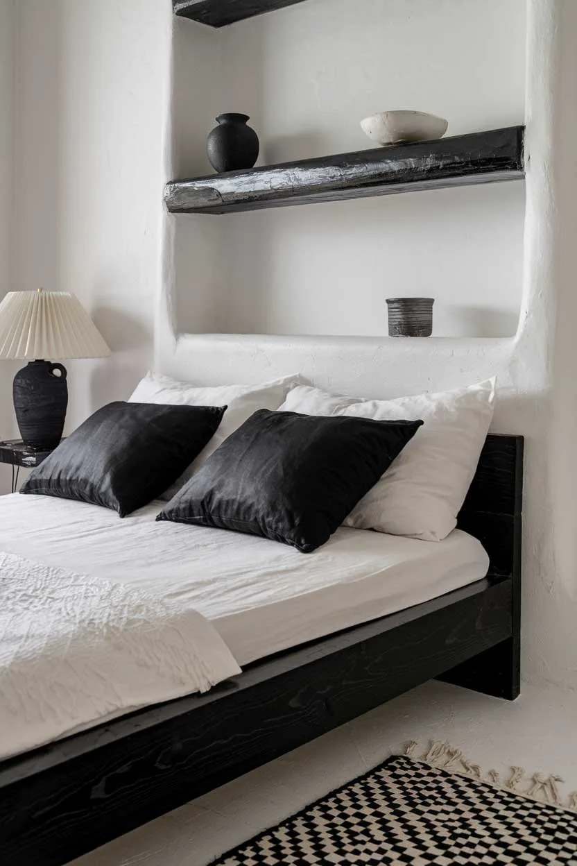 24 Minimalist White and Black Bedroom Ideas 6 A close up photo of a cozy minimalist white and black bedroom. The room has a black wooden bed frame with a white duvet cover and two black pillows. There is a white lampshade on a black lampstand beside the bed. The wall has a white wooden shelf with a black pot and a white bowl. The floor is covered with a black and white patterned rug.