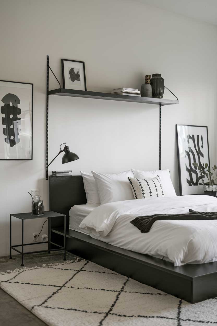 A photo of a cozy minimalist white and black bedroom. The room has a black platform bed with white bedding. There's a black shelf above the bed. A black lamp sits on the bedside table. The floor is covered with a white rug. The wall has a few pieces of art.