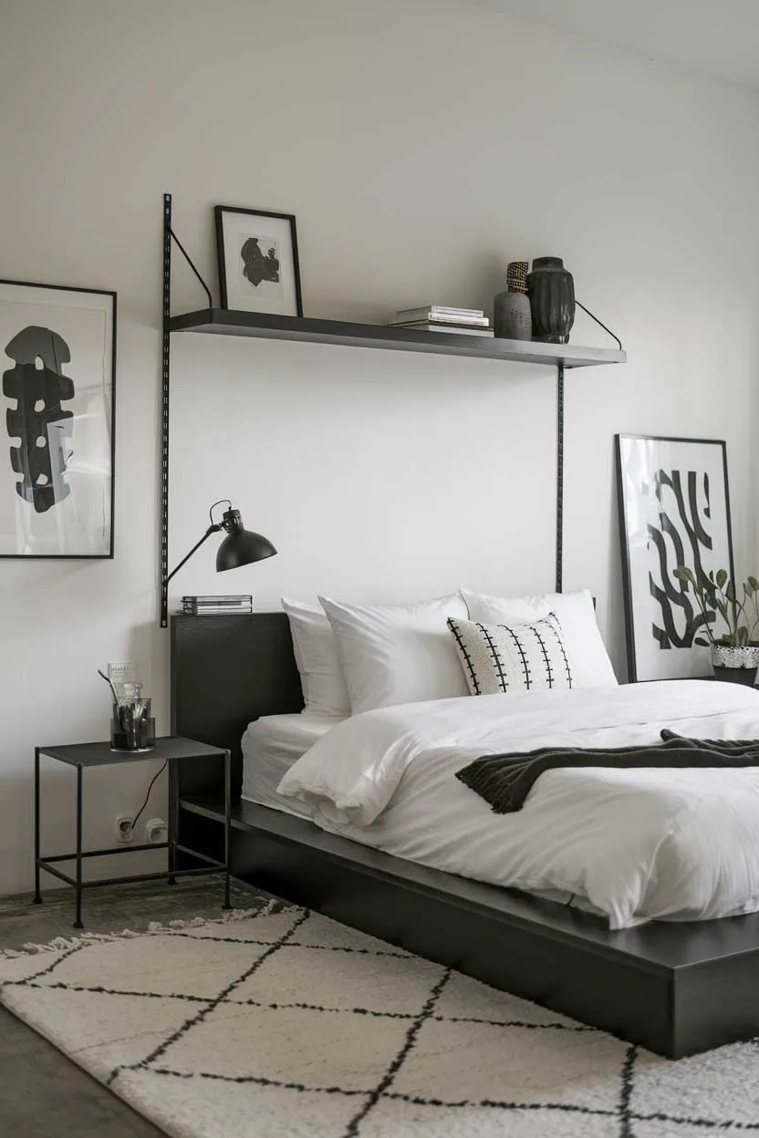 24 Minimalist White and Black Bedroom Ideas 7 A photo of a cozy minimalist white and black bedroom. The room has a black platform bed with white bedding. There's a black shelf above the bed. A black lamp sits on the bedside table. The floor is covered with a white rug. The wall has a few pieces of art.