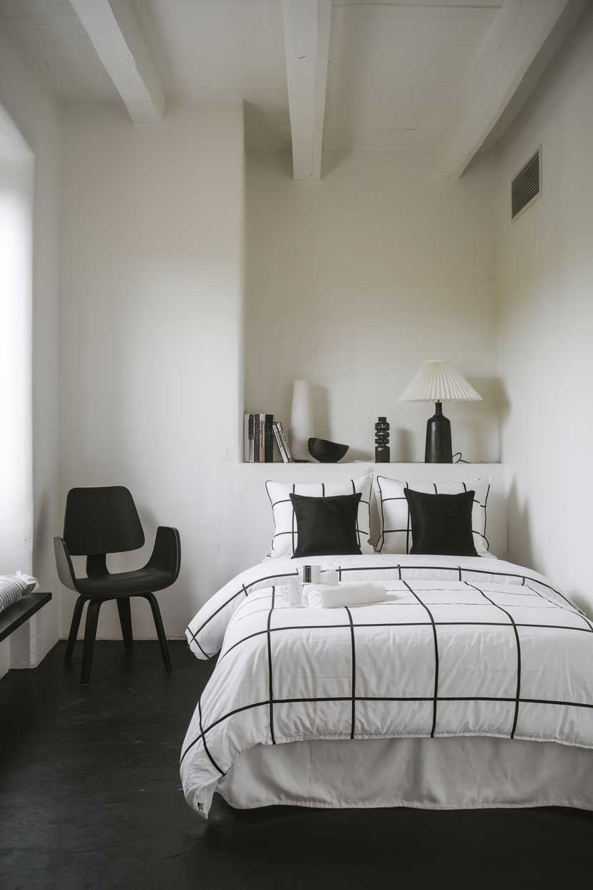 A photo of a cozy minimalist white and black bedroom. The room has a small bed with a white duvet and black pillows. There's a black chair in the corner. The walls and the ceiling are white. There's a white lampshade on a black lamp on the bed. The floor is black.