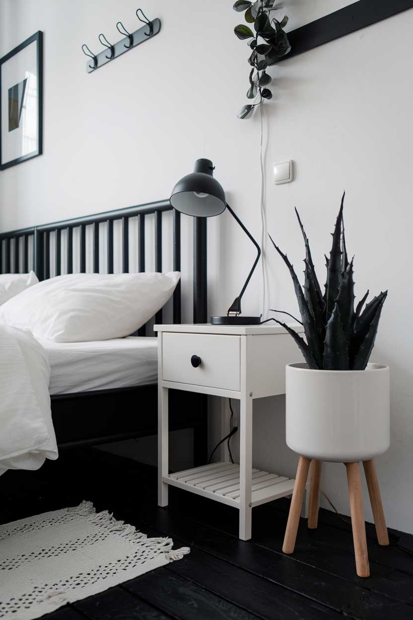 A close-up shot of a cozy, minimalist bedroom with a white and black color scheme. The room contains a black bed with white sheets, a white bedside table, and a black lamp. There is also a white plant pot with a black plant. The floor is made of black wood. The wall has a few black hooks and a white picture frame.