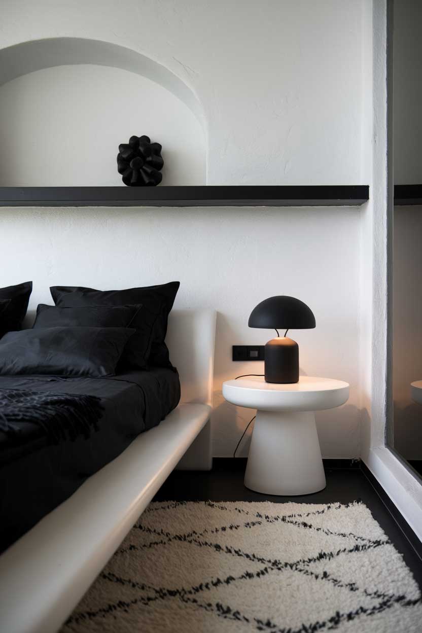 A close up shot of a cozy white and black minimalist bedroom. The room has a white bed frame with black pillows and a black blanket. There is a white side table next to the bed with a black lamp. The room has a white rug and a white wall with a black shelf. The shelf has a black decorative object. The room has a black and white floor. The lighting is soft.