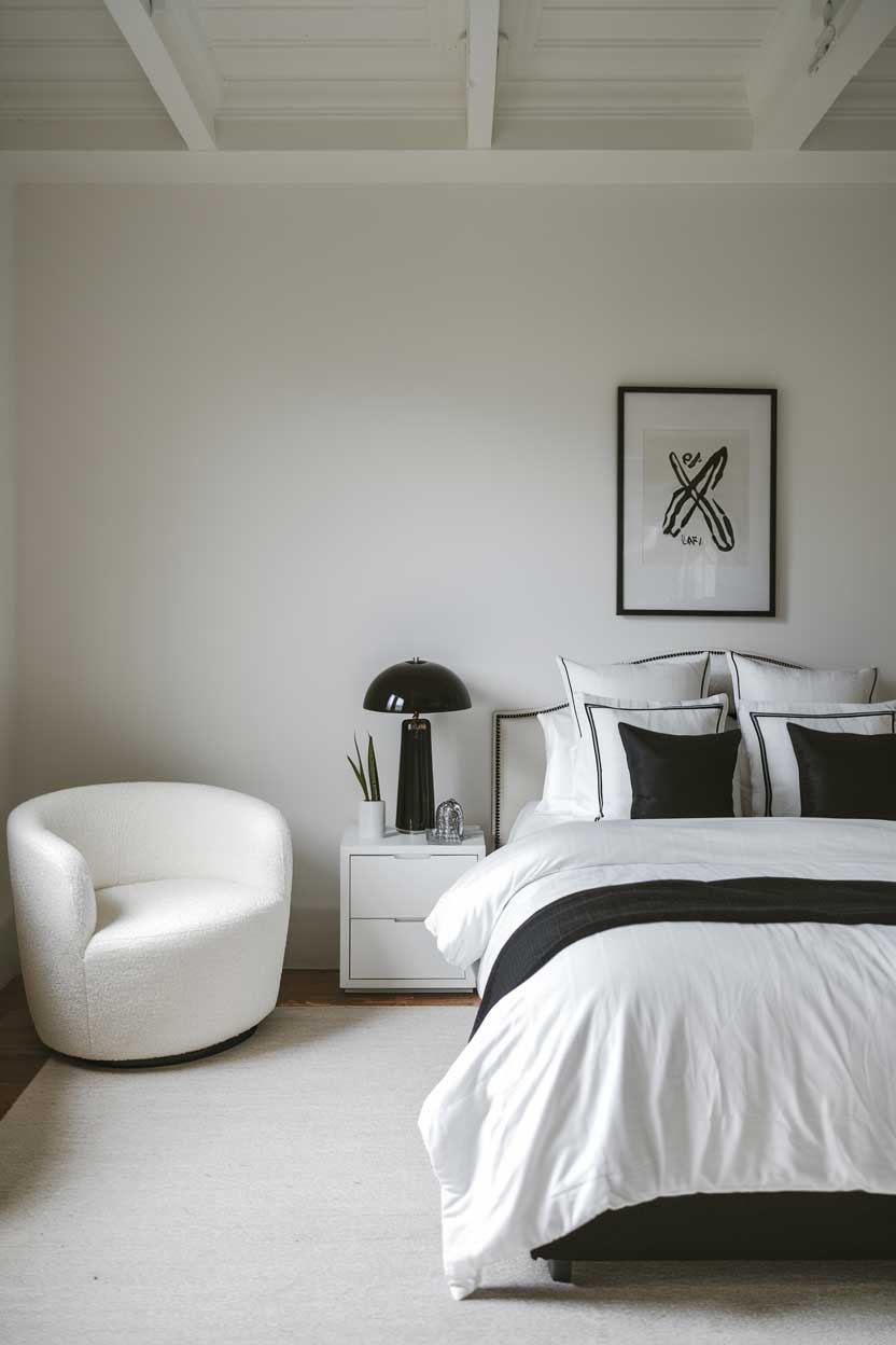 A photo of a cozy white and black minimalist bedroom. The room has a queen-sized bed with a white duvet and black pillows. There's a black lamp on the white nightstand. The room also has a white chair in the corner. The walls and the ceiling are white.