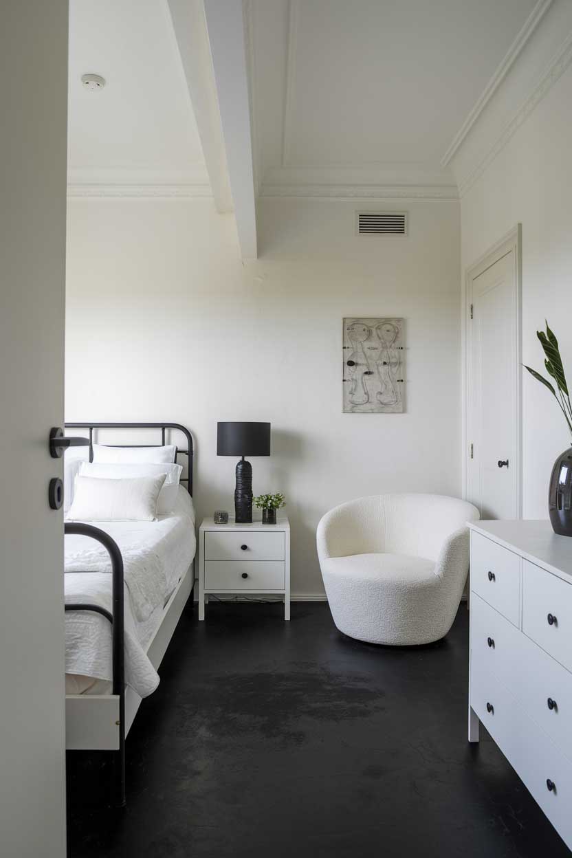 A photo of a cozy white and black minimalist bedroom. The room has a white bed with black frames and a black lampshade on the bedside table. There's a white chair in the corner and a white dresser with black handles. The walls and the ceiling are white. The floor is black. The room has a door with a black handle.