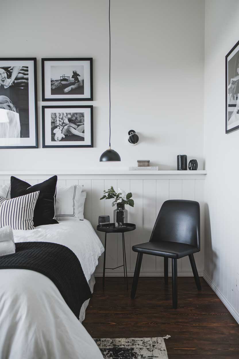 A close-up shot of a cozy, minimalist bedroom with a white and black color scheme. The room has a white bed with black bedding and a few decorative pillows. There's a black chair in the corner. The wall has a few black and white photos. The floor is made of dark wood.