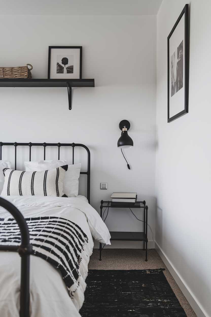 A close up shot of a cozy white and black minimalist bedroom. The room has a queen-size bed with black frame and white bedding. There's a black shelf above the bed. The wall has a white photo frame and a black lamp. The floor has a black rug.