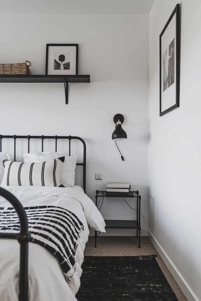 24 Minimalist White and Black Bedroom Ideas 14 A close up shot of a cozy white and black minimalist bedroom. The room has a queen-size bed with black frame and white bedding. There's a black shelf above the bed. The wall has a white photo frame and a black lamp. The floor has a black rug.
