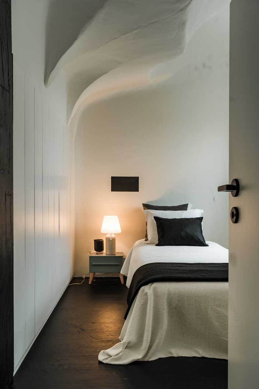 A photo of a cozy white and black minimalist bedroom with a single bed, a bedside table, and a lamp. The walls and ceiling are white, and the floor is black. A white sheet is draped over the bed. There is a black pillow on the bed and a white lampshade on the bedside table. The room has a door with a black handle.