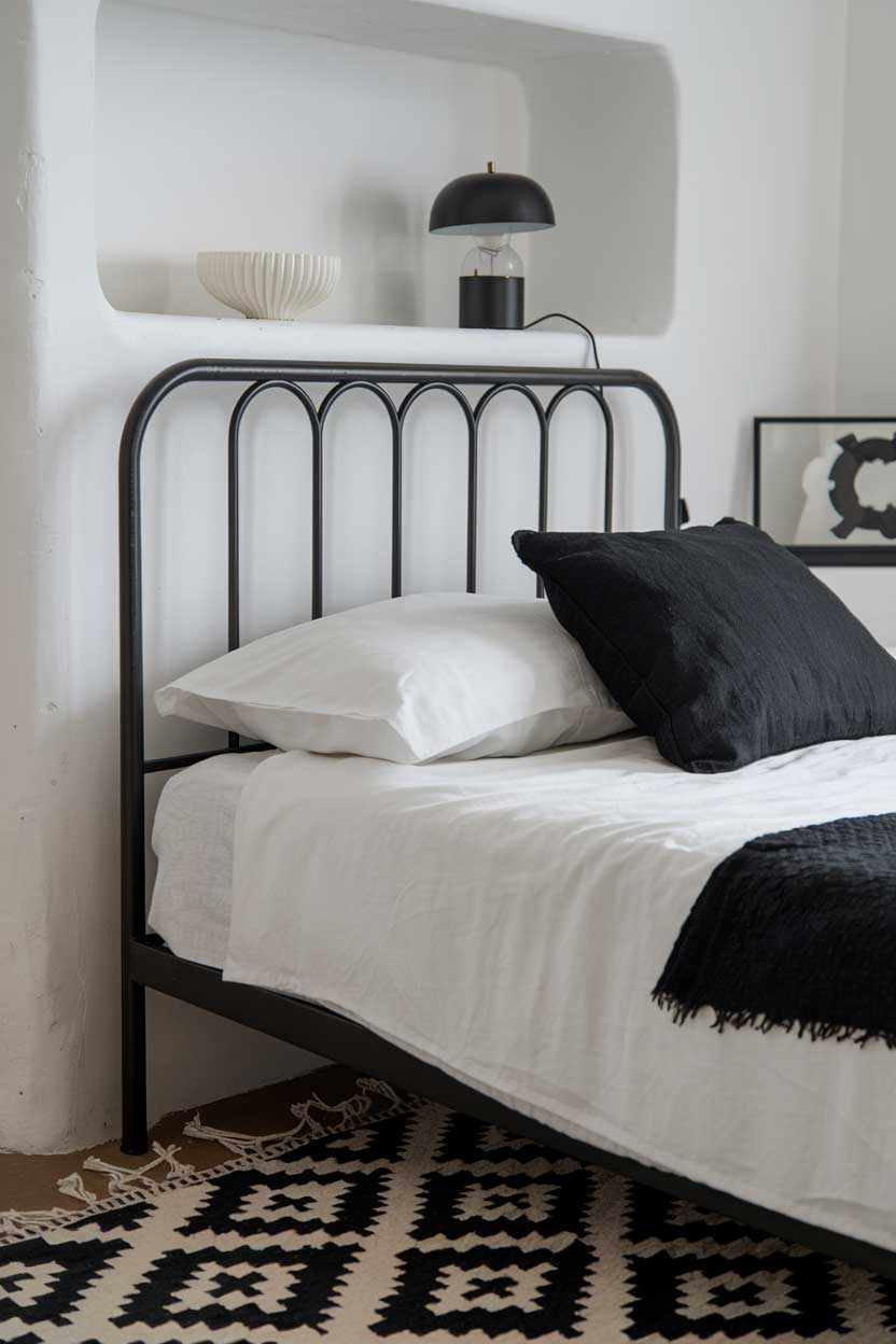 A close up of a cozy white and black minimalist bedroom. There's a black metal bed frame with white sheets and a black pillow. There's a white shelf above the bed. On the shelf, there's a black lamp and a white decorative object. The room has a black and white patterned rug. The walls are white.