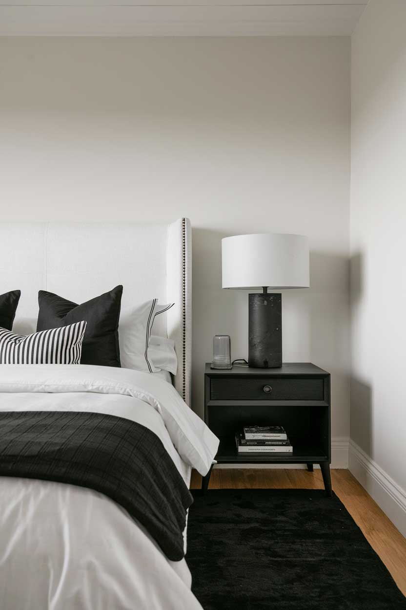  A photo of a cozy white and black minimalist bedroom. The room has a bed, a nightstand, and a lamp. The bed has a white duvet and black pillows. The nightstand is black and has a white lamp on top of it. The room has a black rug and white walls.