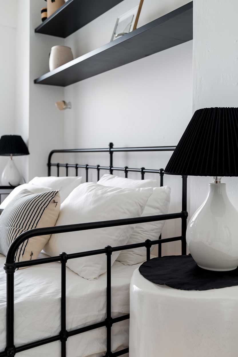 A close-up shot of a cozy, minimalist bedroom with a white and black color scheme. There is a white bed with black frames and a black lampshade on a white lamp. There is a black shelf above the bed with a few white items. The walls and floors are white.