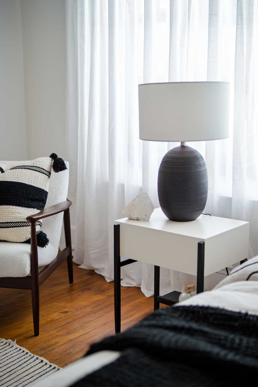 A close-up shot of a cozy white and black minimalist bedroom. The room has a wooden floor and a few pieces of furniture. There's a black lamp with a white shade on a white bedside table. A white quartz rock is placed on the table. A black and white striped pillow is placed on a white chair. The room has a large window with white curtains. The walls are white.