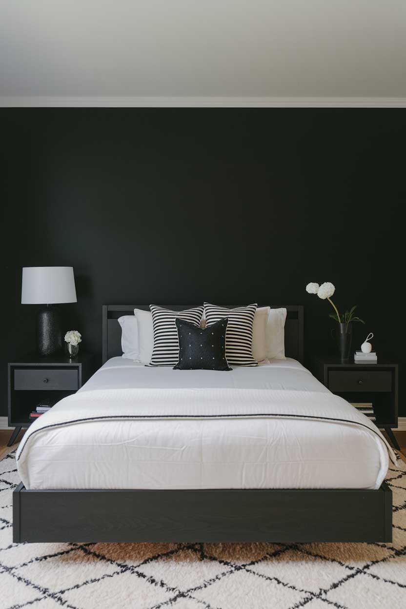 A photo of a cozy white and black minimalist bedroom. The room has a queen-sized bed with a white mattress and black frame. There's a black bedside table on each side of the bed. A white lamp and a black vase with a white flower are placed on the bedside table. The room has a white rug beneath the bed. The walls are painted black.