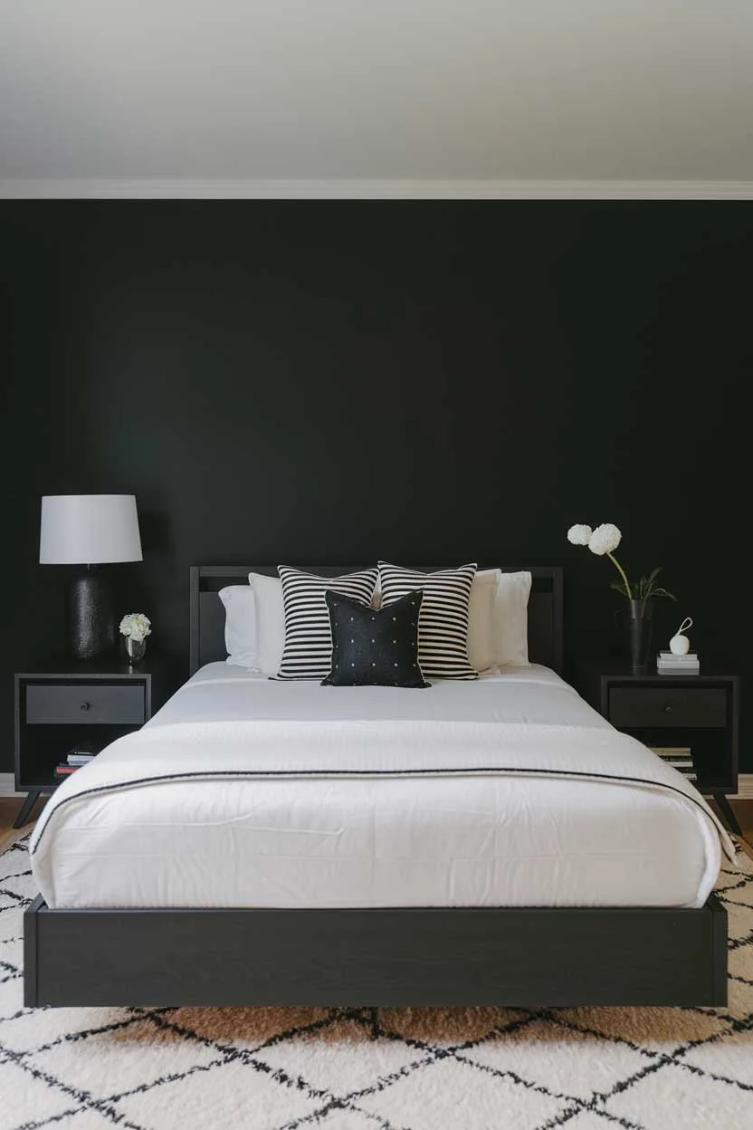 24 Minimalist White and Black Bedroom Ideas 20 A photo of a cozy white and black minimalist bedroom. The room has a queen-sized bed with a white mattress and black frame. There's a black bedside table on each side of the bed. A white lamp and a black vase with a white flower are placed on the bedside table. The room has a white rug beneath the bed. The walls are painted black.