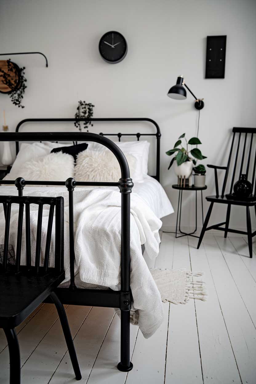 A close-up shot of a cozy white and black minimalist bedroom. There's a black metal bed frame with white fluffy pillows and a white blanket. The bed is placed on a white wooden floor. There's a black wooden chair near the bed. The room has a few black decorative items, including a wall clock, a lamp, and a plant stand. The walls are painted white.