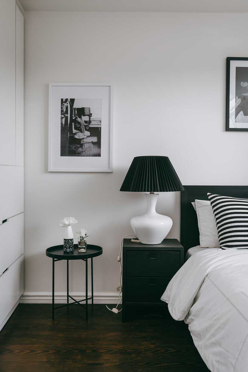 A photo of a cozy white and black minimalist bedroom. The room has a white bed and black furniture. There's a black lampshade on a white lamp on the bed. A black small table is placed near the wall. On the wall, there's a white frame holding a black and white photo. The floor is made of dark wood.