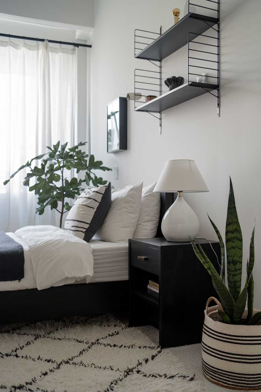 A close-up shot of a minimalist white and black bedroom. The room features a cozy atmosphere with a bed, a bedside table, a lamp, and a plant. The bed has a black frame and a white mattress. The bedside table is black and has a white lamp on it. There's a white rug on the floor. The wall has a few black shelves. The room has a window with white curtains.