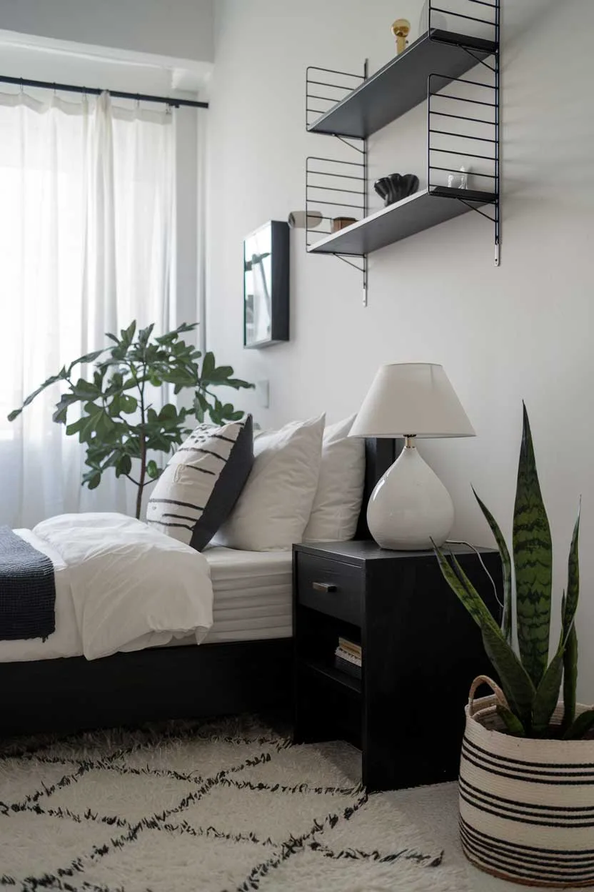 24 Minimalist White and Black Bedroom Ideas 23 A close-up shot of a minimalist white and black bedroom. The room features a cozy atmosphere with a bed, a bedside table, a lamp, and a plant. The bed has a black frame and a white mattress. The bedside table is black and has a white lamp on it. There's a white rug on the floor. The wall has a few black shelves. The room has a window with white curtains.