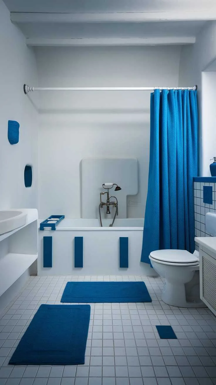 13 Blue and White Bathroom Ideas for a Fresh Look 11 A minimalist blue and white bathroom with blue walls, matching toilet, and shower curtain.