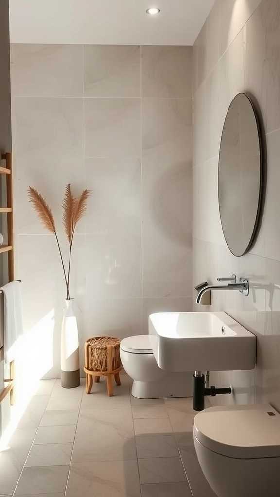 A serene wabi-sabi inspired bathroom featuring minimalist fixtures and a calming design