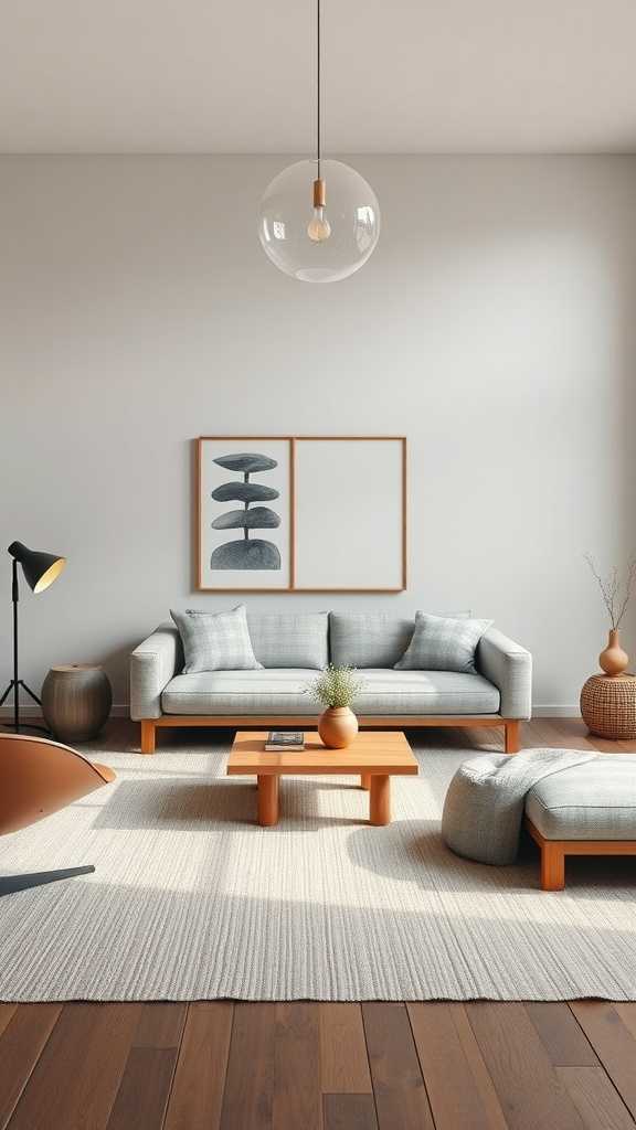 A stylish Japandi living room with minimalist furniture, featuring a gray sofa, wooden coffee table, and a warm rug.