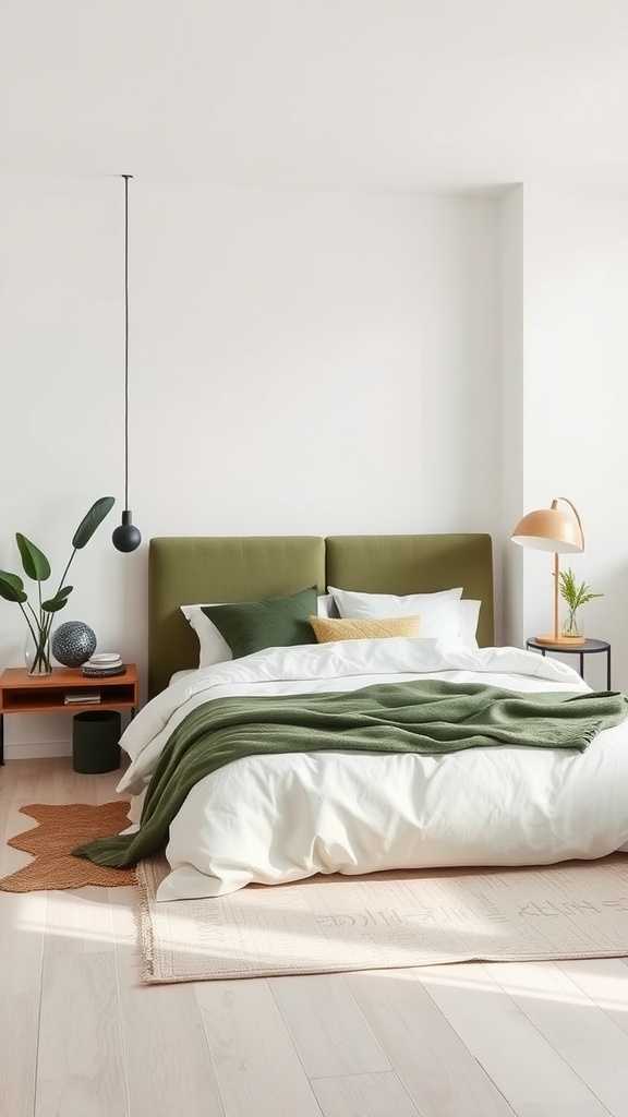 Minimalist olive green bedroom with a cozy bed and simple decor