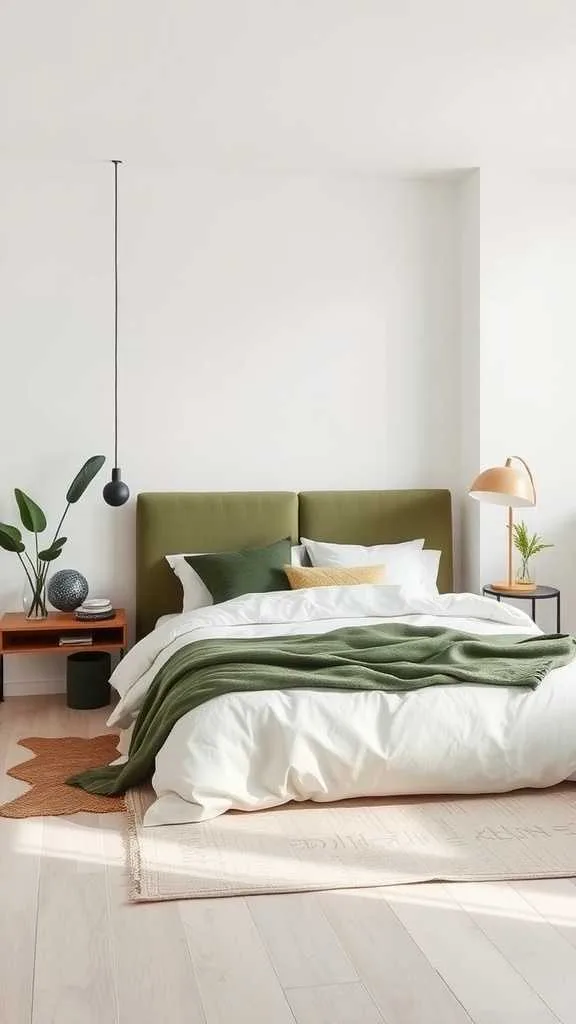 21 Stunning Olive Green Bedroom Ideas for a Cozy Retreat 16 Minimalist olive green bedroom with a cozy bed and simple decor