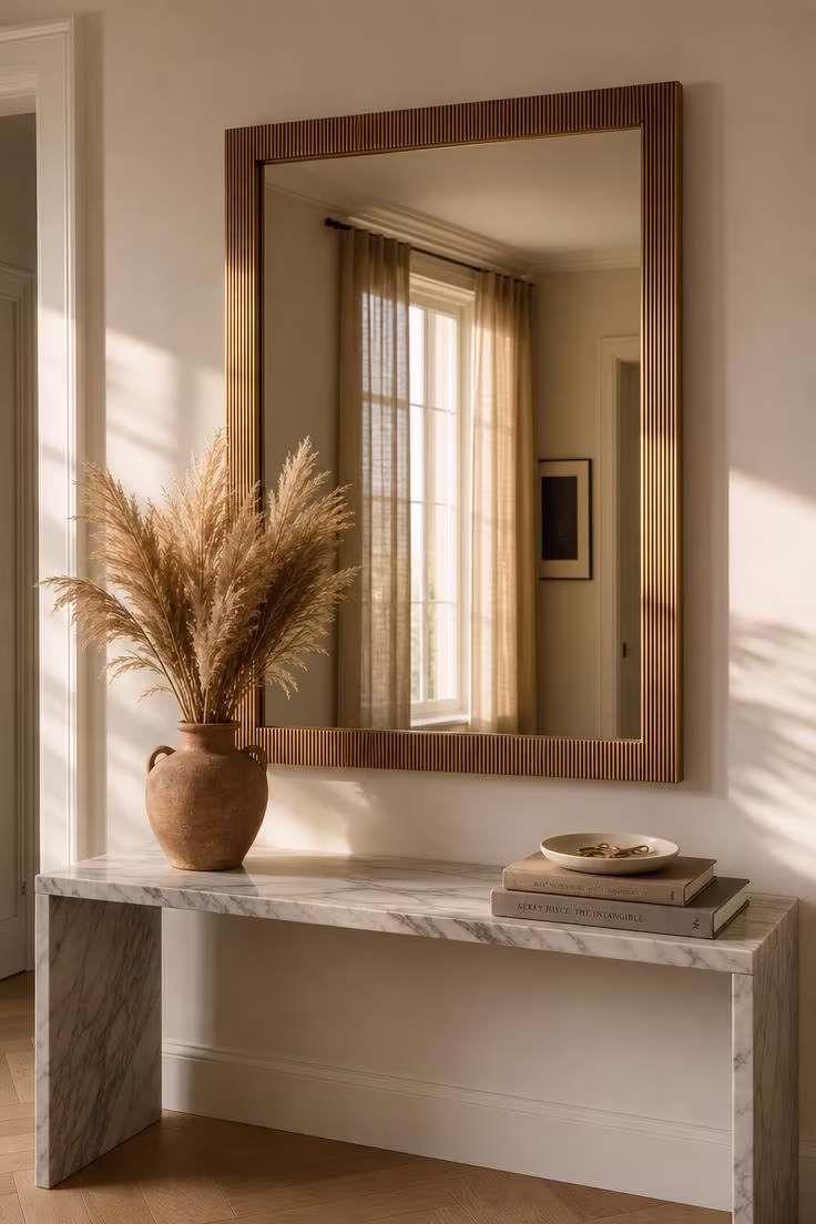 Fluted brass-framed mirror hanging above a white marble console table in a sunlit entryway