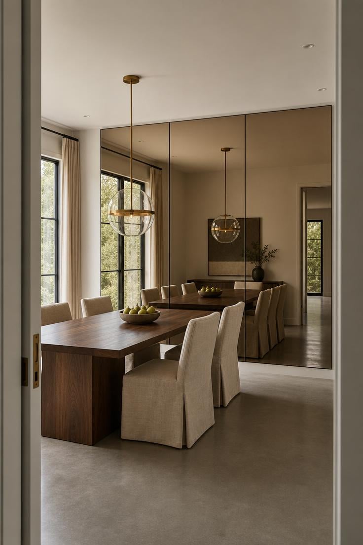 Three bronze-tinted mirror panels covering a dining room wall reflecting a walnut table and linen chairs