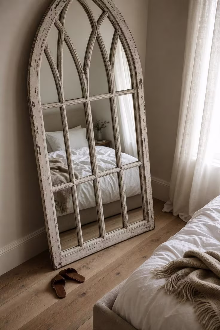 Salvaged gothic-arched church window frame with mirror glass leaning against a bedroom wall