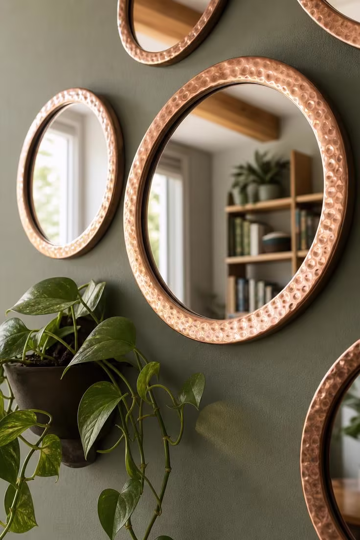 Cluster of hand-hammered copper disc mirrors in varying sizes on a sage green wall