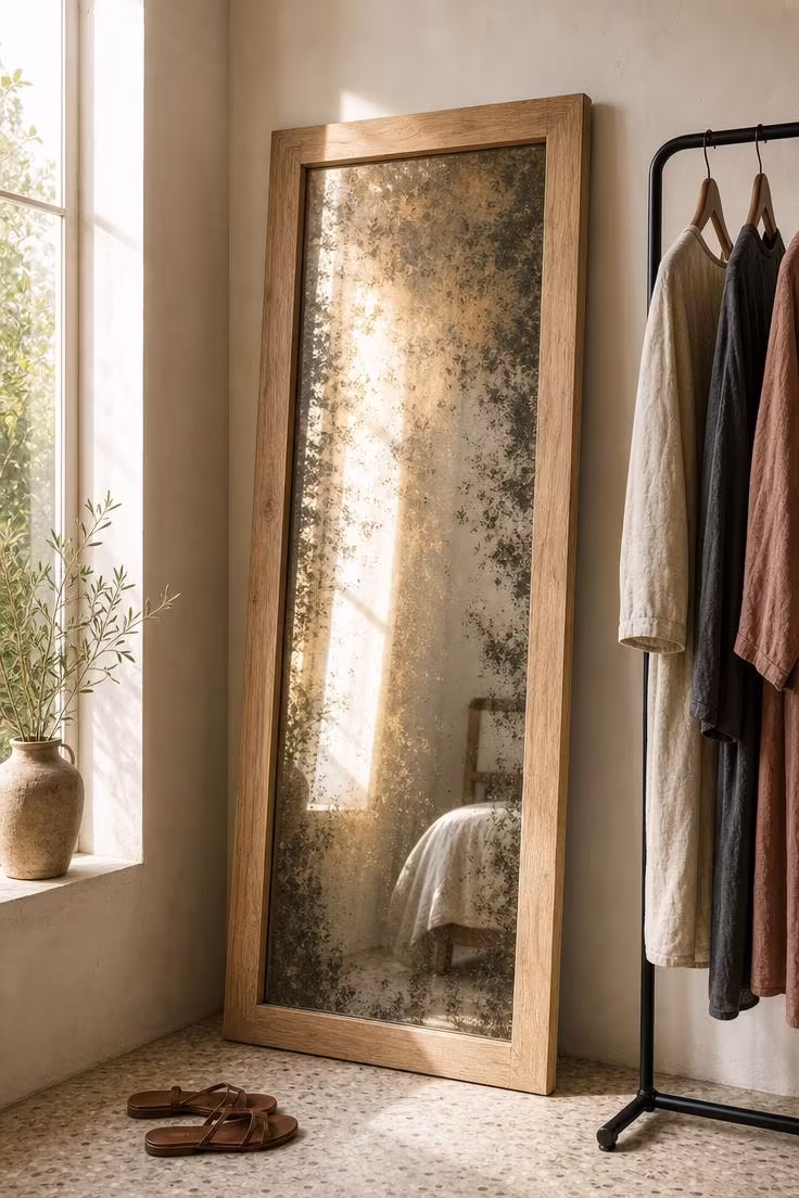 Full-length antiqued mirror with foxed silvering in a raw white oak frame in a dressing area