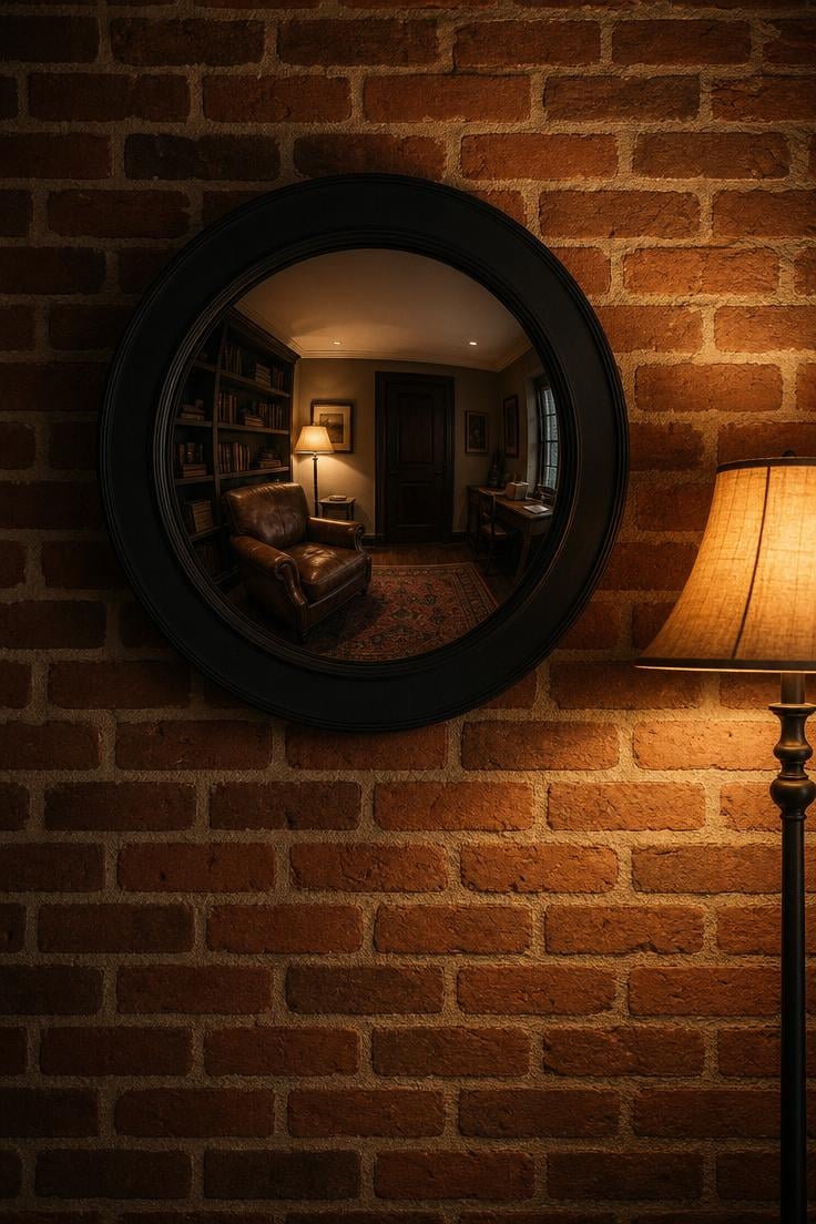 Round convex porthole mirror in a matte black iron frame mounted on an exposed brick wall