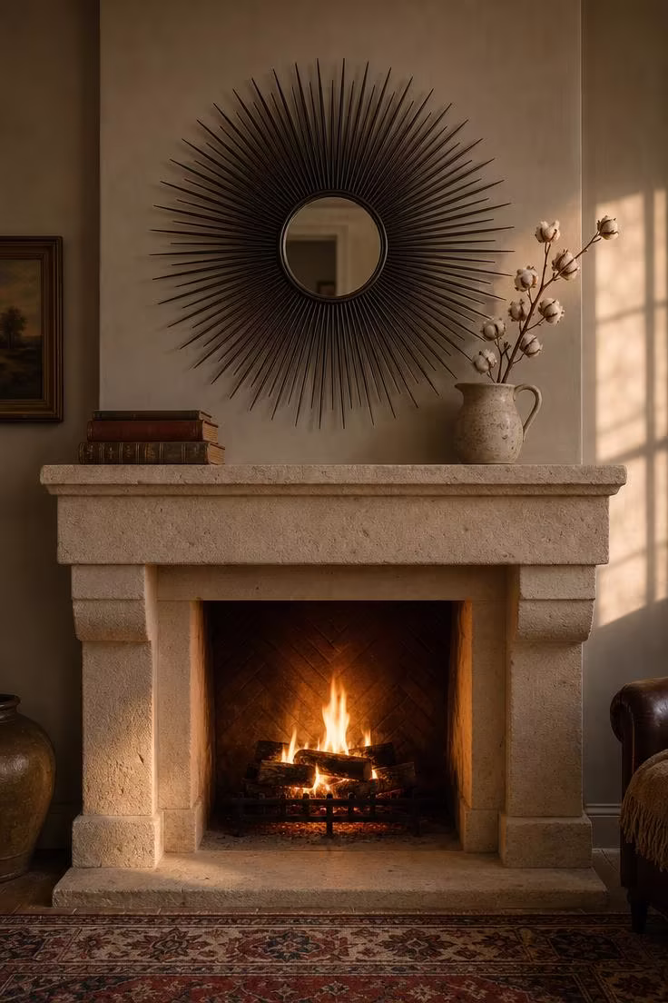 Blackened iron sunburst mirror hanging above a limestone fireplace mantel with warm firelight