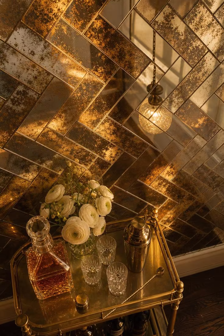 Vintage foxed mirror tiles arranged in herringbone pattern behind a brass bar cart