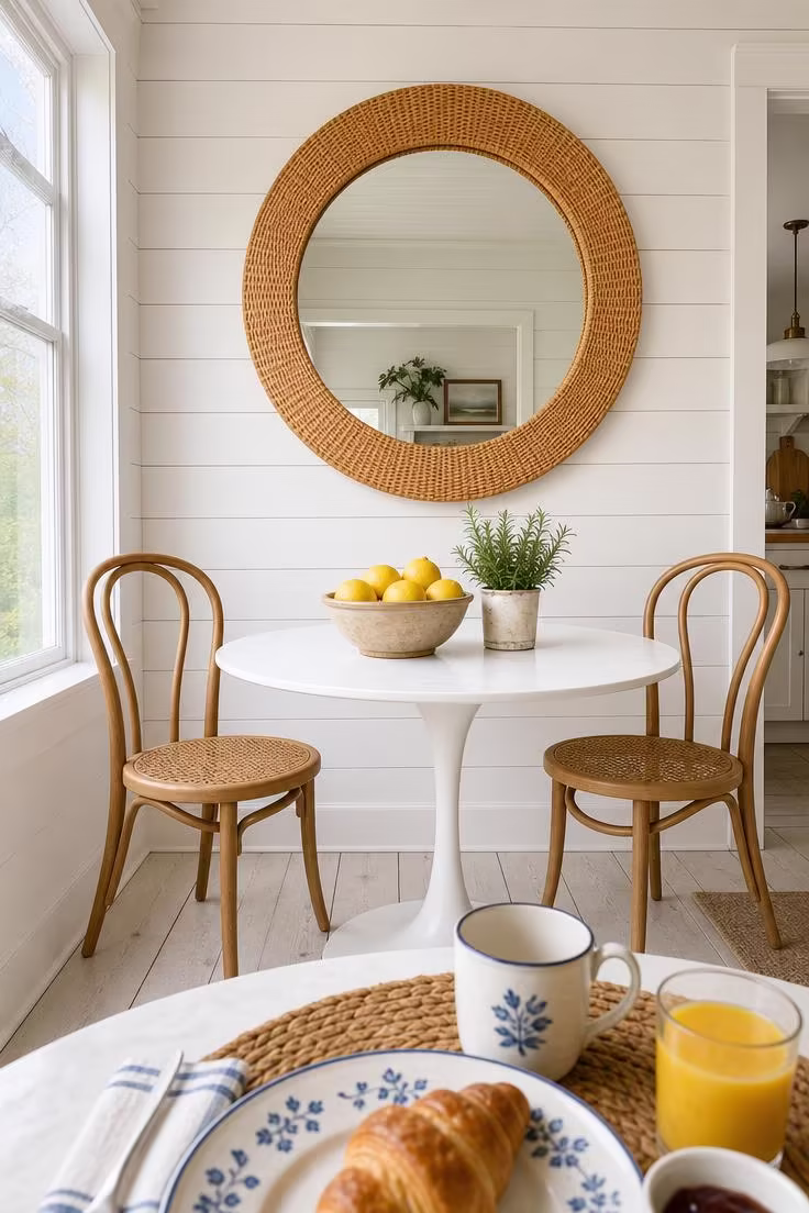 Cane-wrapped round mirror on a white shiplap wall above a breakfast nook with lemons and herbs