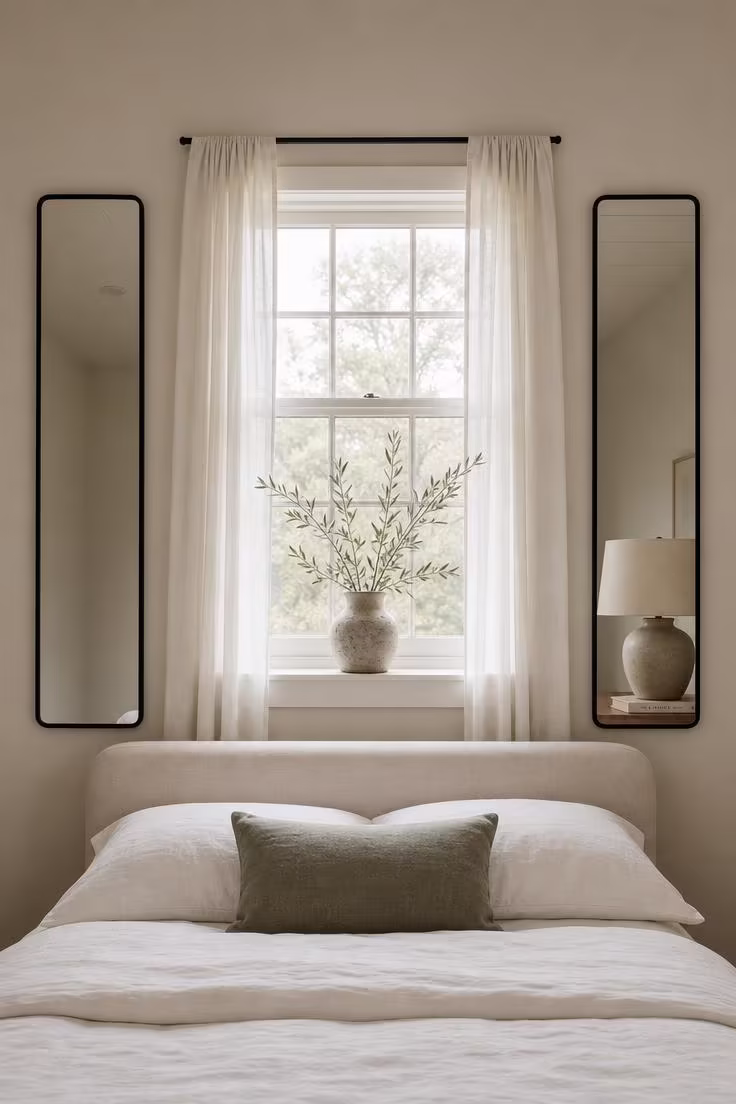 Two tall narrow mirrors in black frames flanking a bedroom window with linen curtains