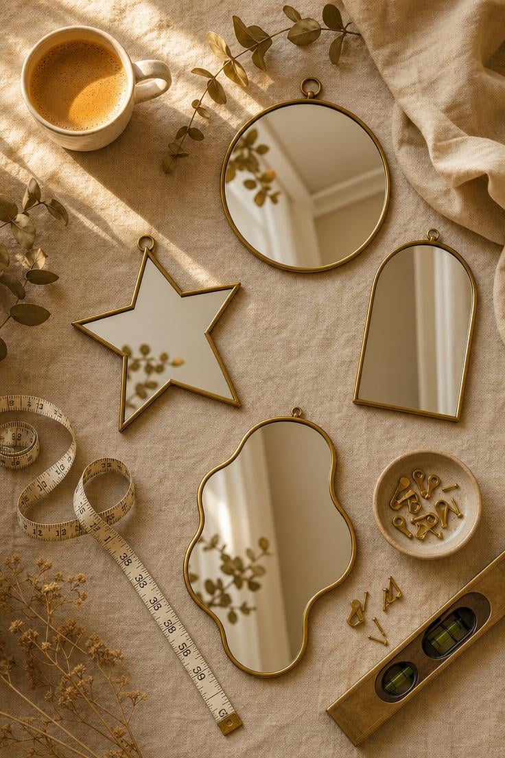 Flat lay arrangement of decorative mirrors in varied shapes with styli