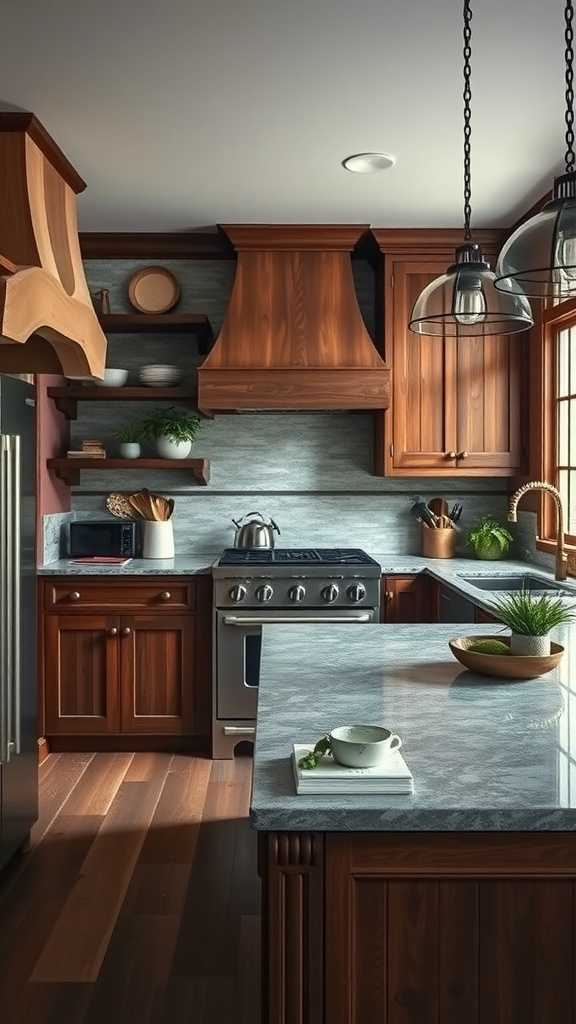 A cozy farmhouse kitchen featuring a combination of stone and wooden elements.