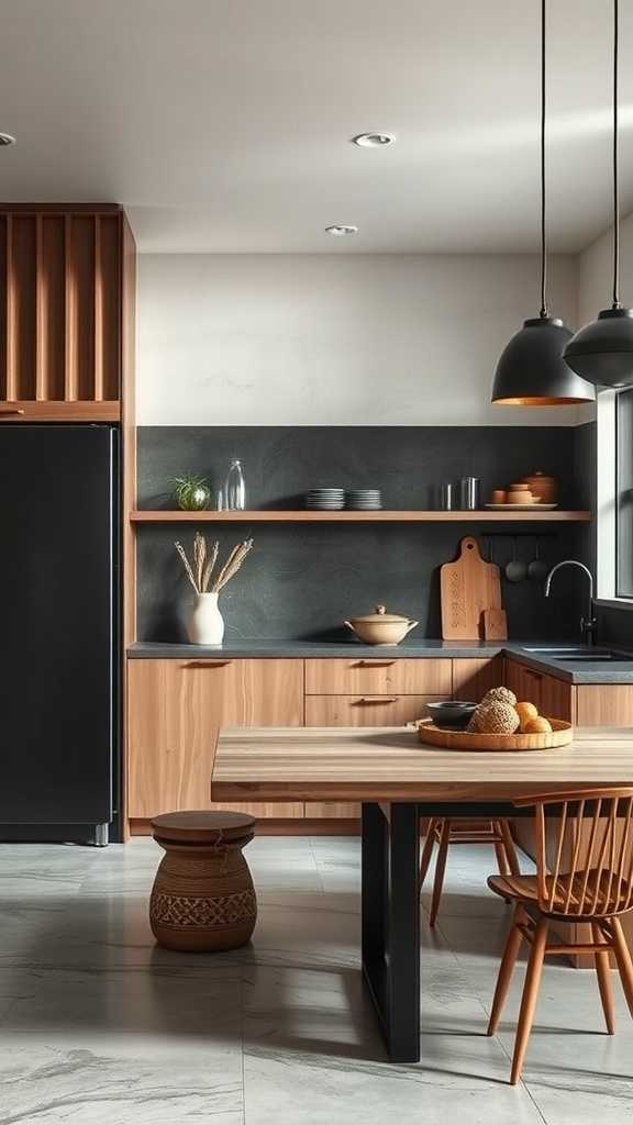 A modern kitchen featuring a mix of wood and black elements, showcasing wabi-sabi design.