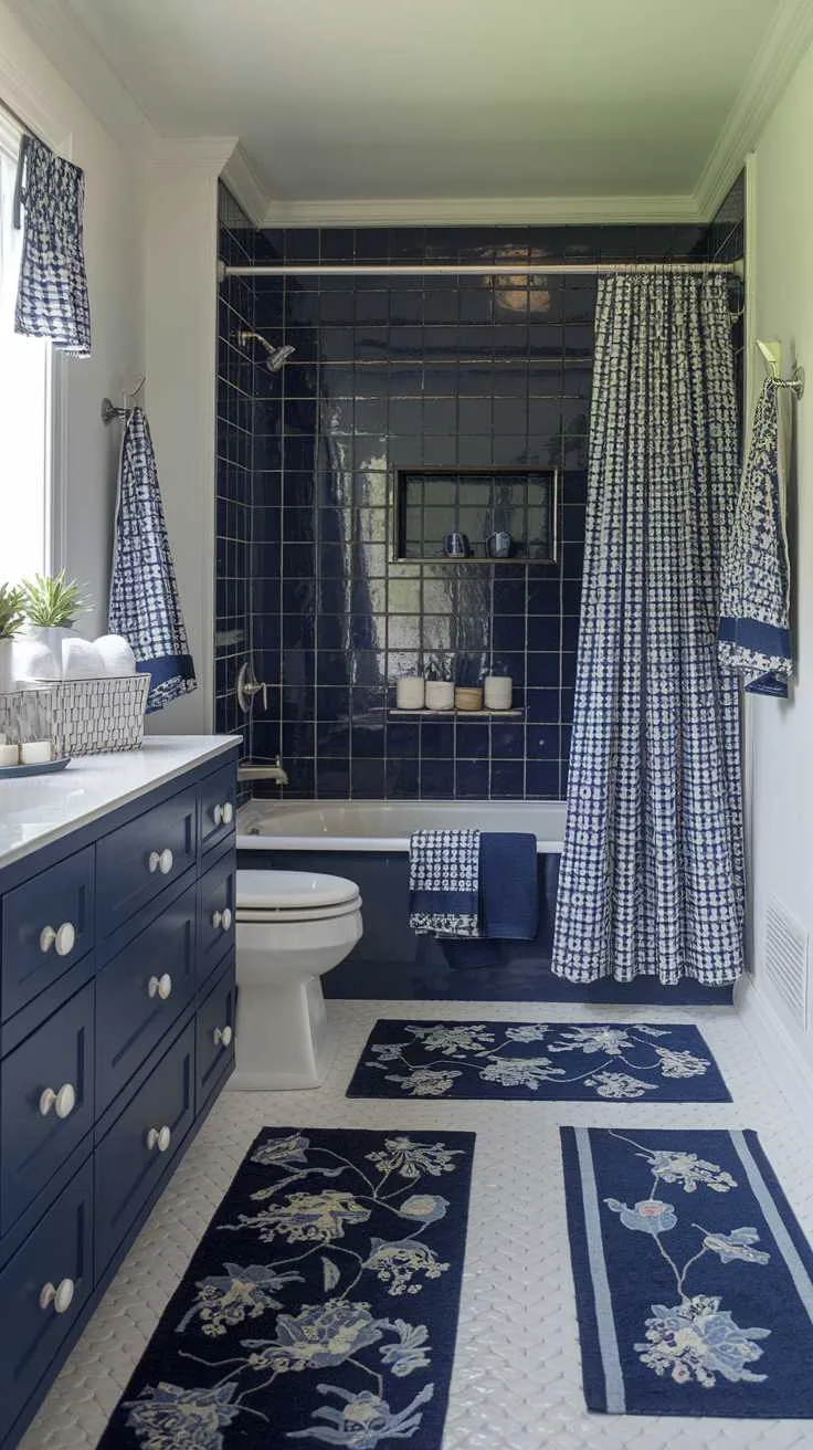 Navy blue bathroom with mixed patterns including polka dots and stripes.
