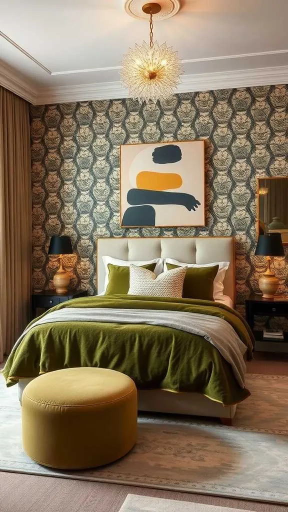 21 Stunning Olive Green Bedroom Ideas for a Cozy Retreat 10 An olive green bedroom featuring patterned decor and a cozy bed setup.