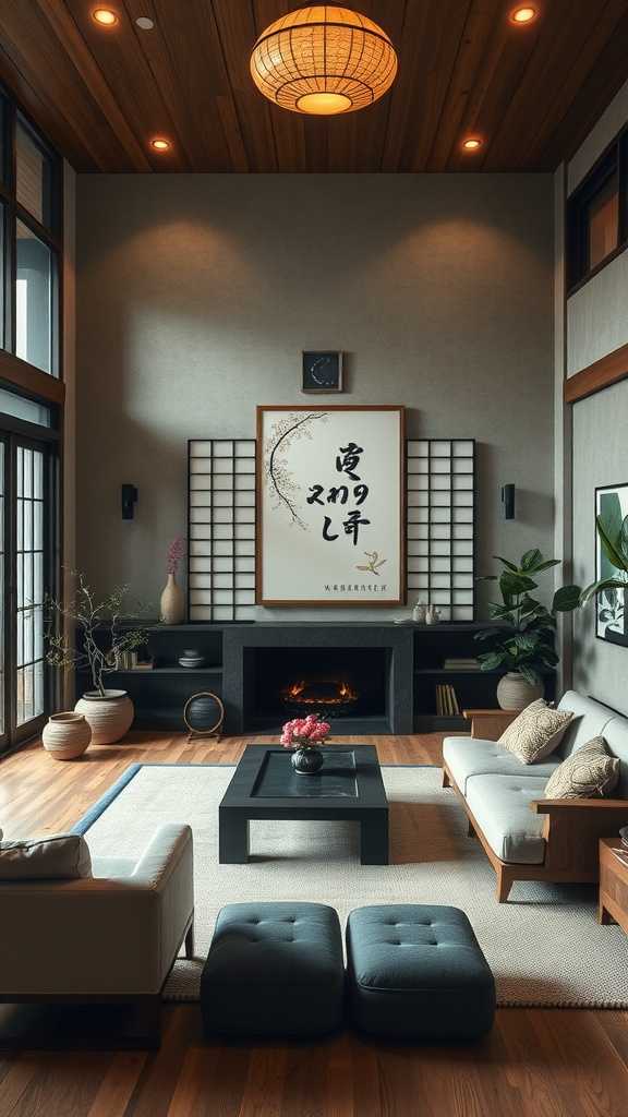 A cozy Japandi living room featuring traditional Japanese and modern Scandinavian elements.