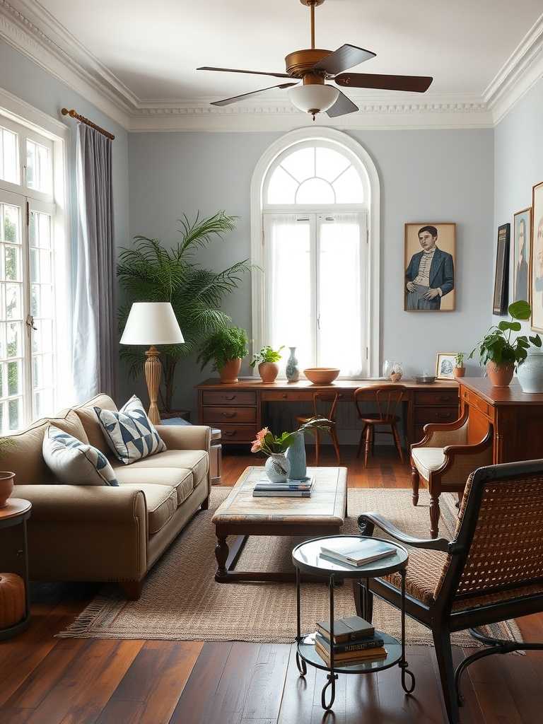 A modern luxury living room featuring a mix of vintage and contemporary furniture, with a beige sofa, patterned cushions, a rustic coffee table, and greenery by the windows.