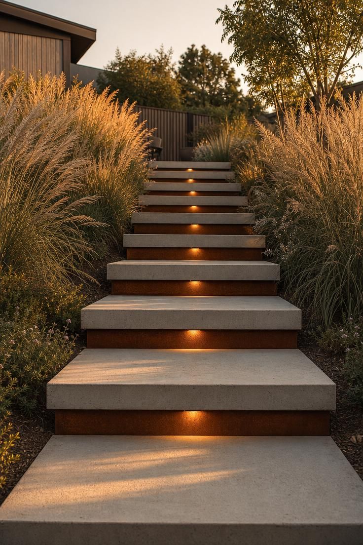 17 Sleek Modern Backyard Landscaping Plans Worth Copying 1 Poured concrete floating steps with corten steel risers descending a gentle backyard slope lined with ornamental grasses at golden hour.
