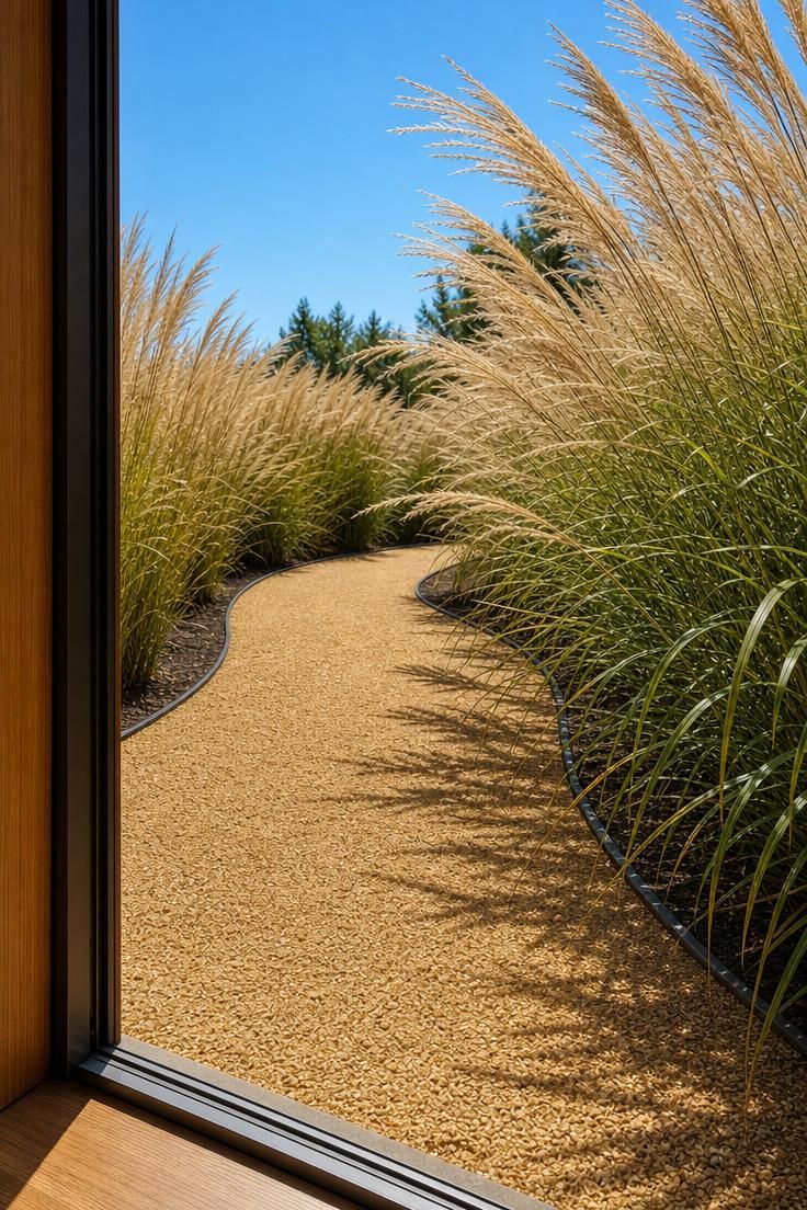 17 Sleek Modern Backyard Landscaping Plans Worth Copying 3 A decomposed granite path with steel edging winding through tall Karl Foerster grass beds in bright midday light.
