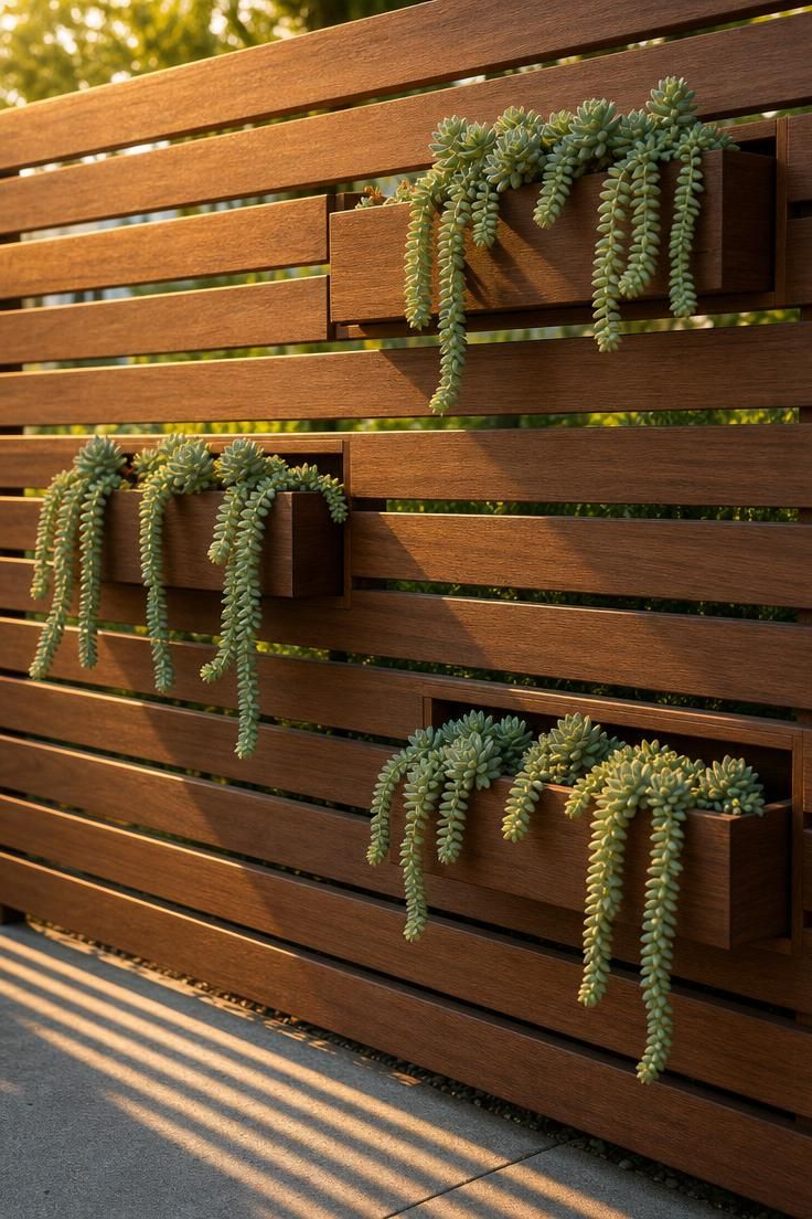 17 Sleek Modern Backyard Landscaping Plans Worth Copying 4 Close-up of a horizontal ipe wood slat privacy screen wall with built-in succulent planter pockets catching warm golden hour light.