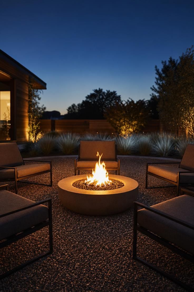 17 Sleek Modern Backyard Landscaping Plans Worth Copying 5 A low concrete fire bowl glowing at dusk in the center of a pea gravel courtyard with four low lounge chairs and blue fescue border.
