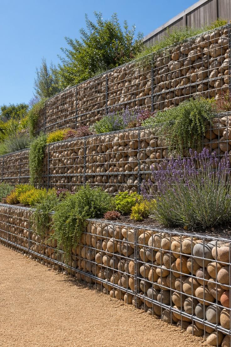 17 Sleek Modern Backyard Landscaping Plans Worth Copying 6 Three-tier gabion basket retaining walls filled with river cobble stepping up a backyard slope with drought tolerant plantings between tiers at midday.